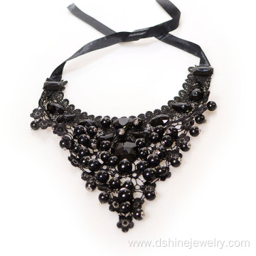 Black Lace Choker With Crystal Imitation Pearl Necklace